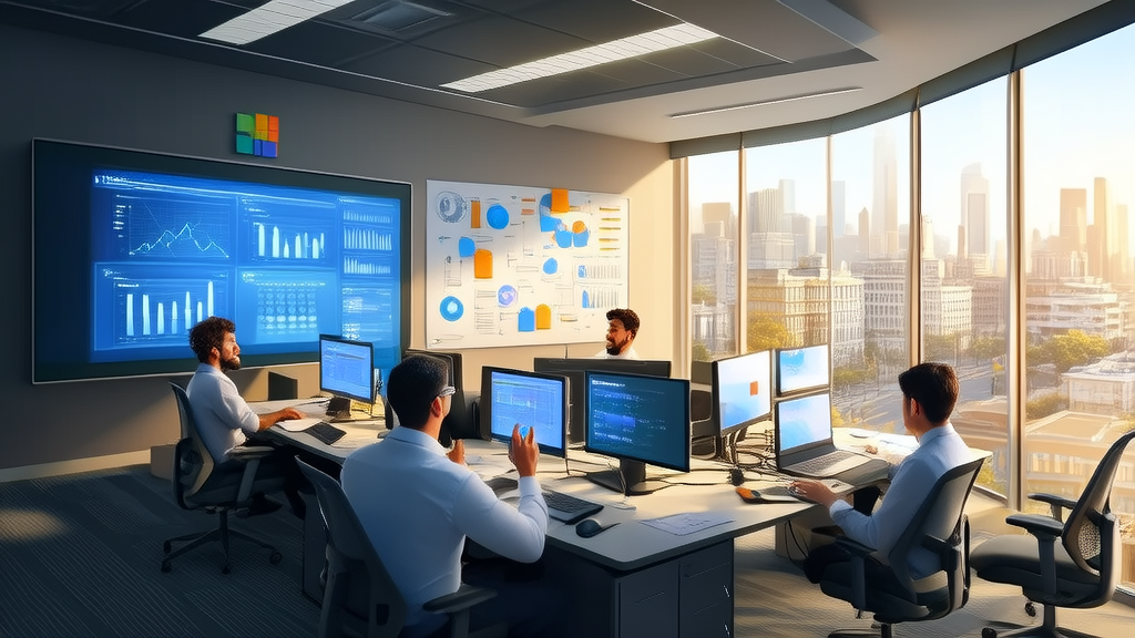 Data scientists in a modern office analyze Twitter data, build customer profiles, and discuss AI marketing strategies