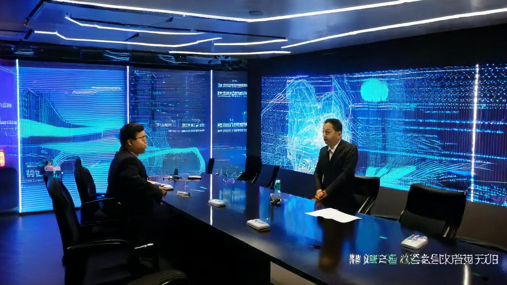 Huang Renxun and Yan Junjie discussing AI client data cleaning services in a high-tech meeting room