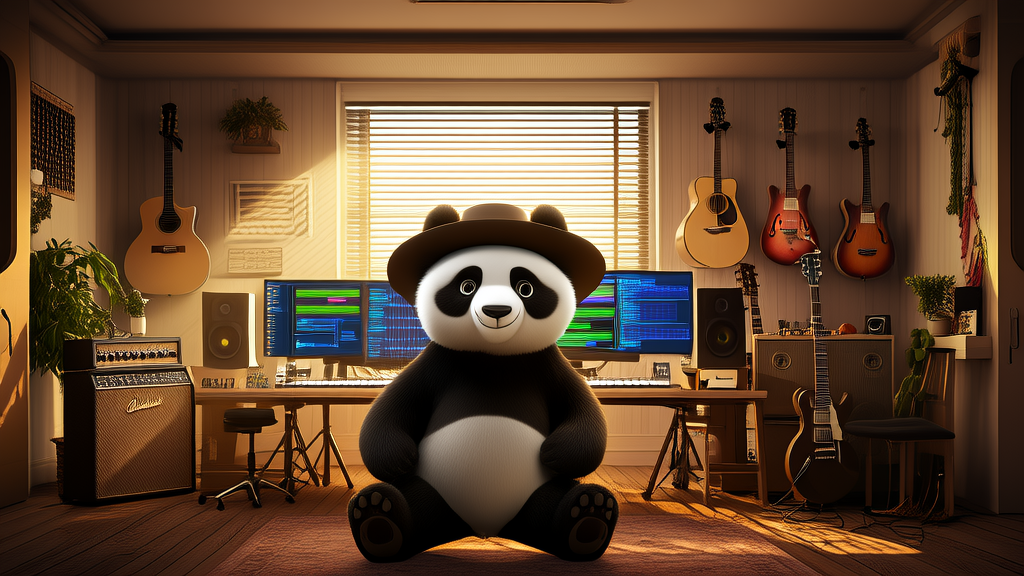 A deep music studio filled with modern technology, where a wool felt panda is conducting music creation under the sunlight, symbolizing the bright future of AI music generation.