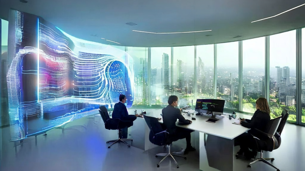 Exploring the impact of DeepMind Crome on AI email marketing: A futuristic office scene