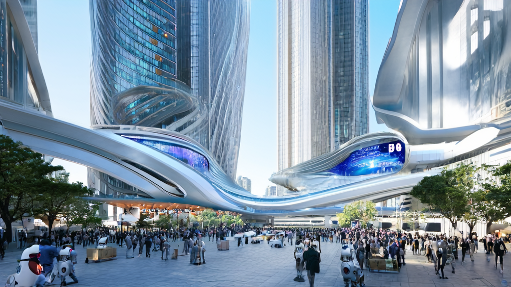未来城市广场中DeepSeek新模型发布会的热闹场景