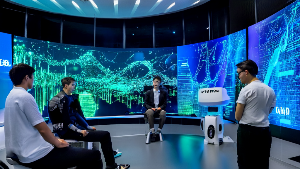 A team in a modern office using the DeepSeek R1-0528 model for AI-powered email marketing, with a bustling city night view in the background