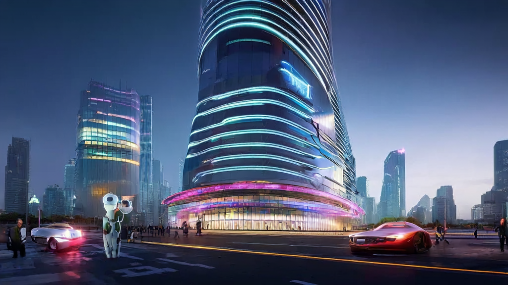 Elon Musk and the AI Marketing Revolution: showcasing AI technology applications in a futuristic city, including self-driving cars and smart devices