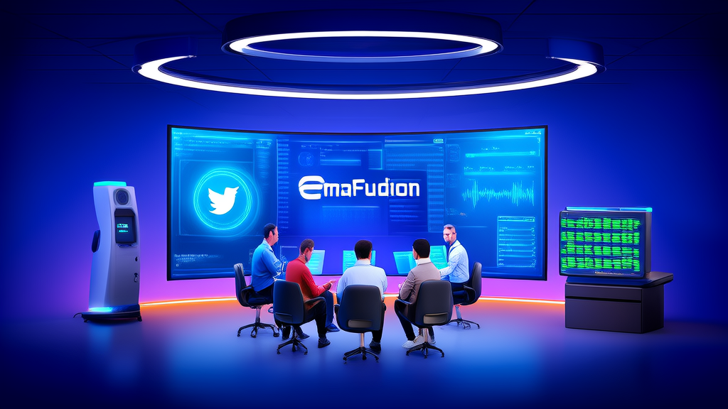 Engineers in a modern office analyzing Twitter data using EmaFusion AI speech recognition technology
