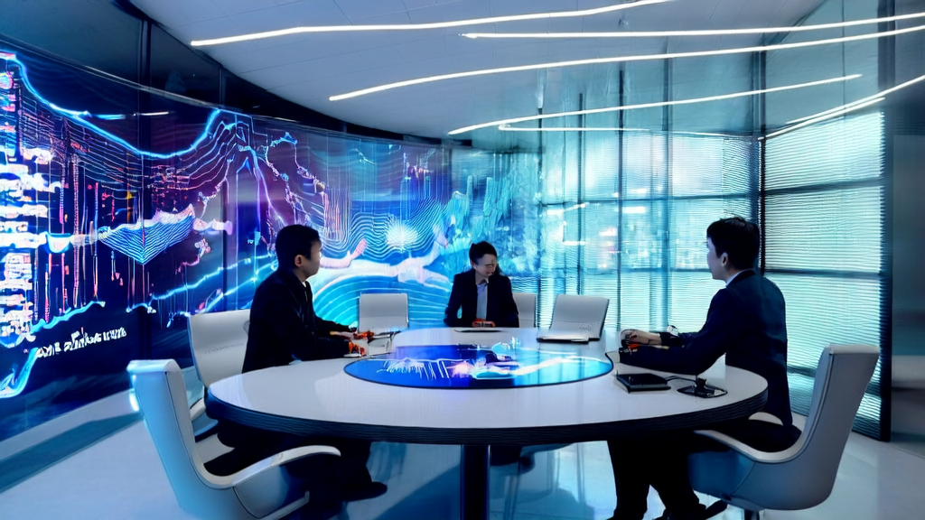 In a modern office, the marketing team uses AI predictive models to analyze customer data and discuss ways to improve marketing conversion rates.