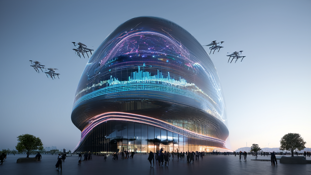 Modern office building in a futuristic city showcasing AI customer data collection and cleaning services