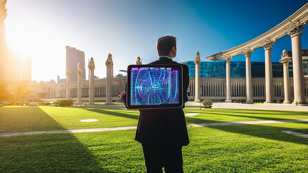 EU AI Regulation and Personalized Marketing: A data scientist discussing the application of AI customer prediction models in front of the EU parliament building