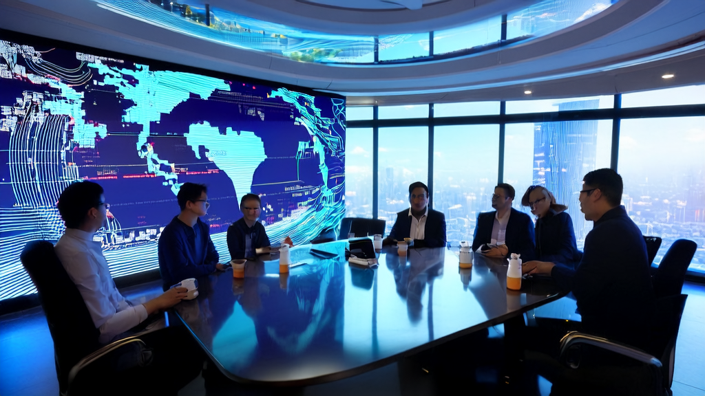 In a modern office building in a futuristic city, entrepreneurs are discussing AI-driven customer acquisition solutions