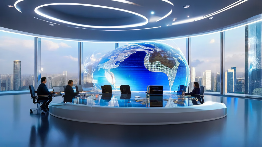 未来科技感办公室内，专家们讨论AI获客策略，窗外是繁华城市天际线
