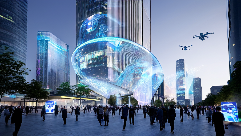 未来城市中展示AI获客技术和成本优化策略的场景