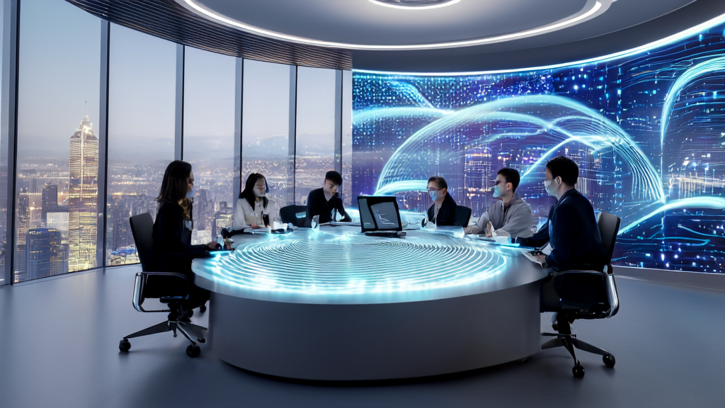 In a futuristic office, entrepreneurs are discussing how to achieve hyper-personalized email marketing and business growth using AI.