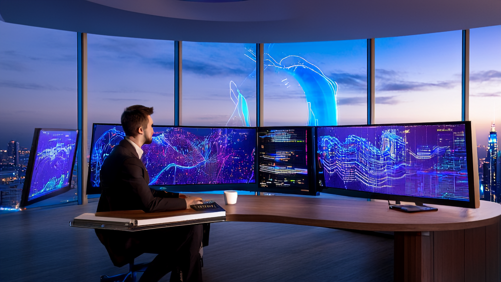 年轻分析师在现代化办公室中使用AI技术分析制造业海关数据,探索精准获客的新方法。