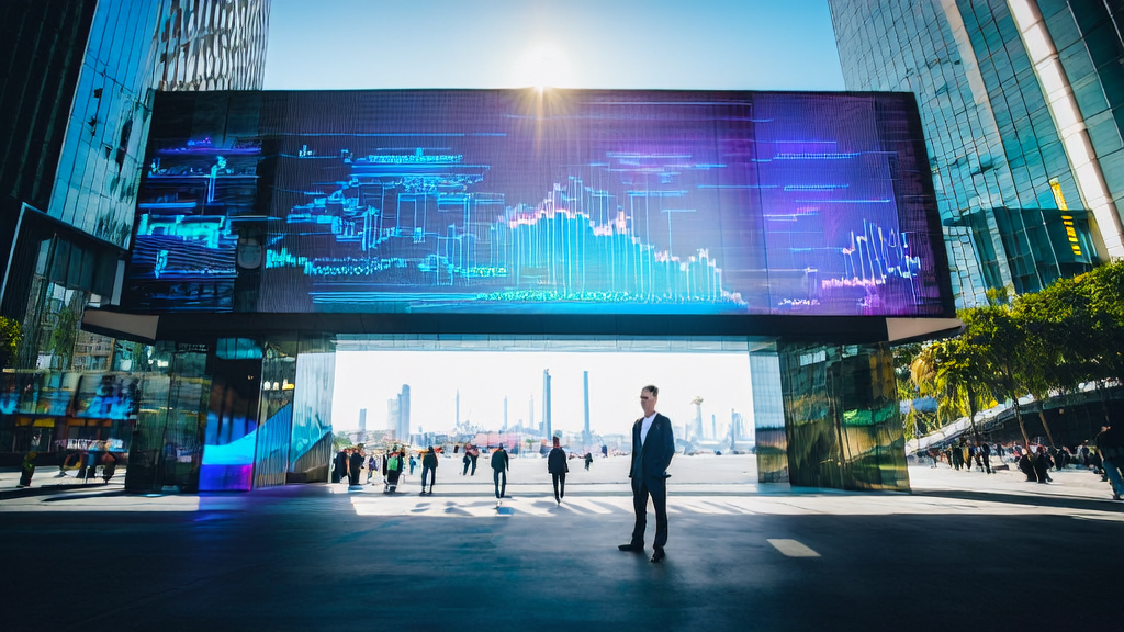 A tech company in a Southeast Asian city showcasing AI data analysis and market trends, exploring AI acquisition strategies