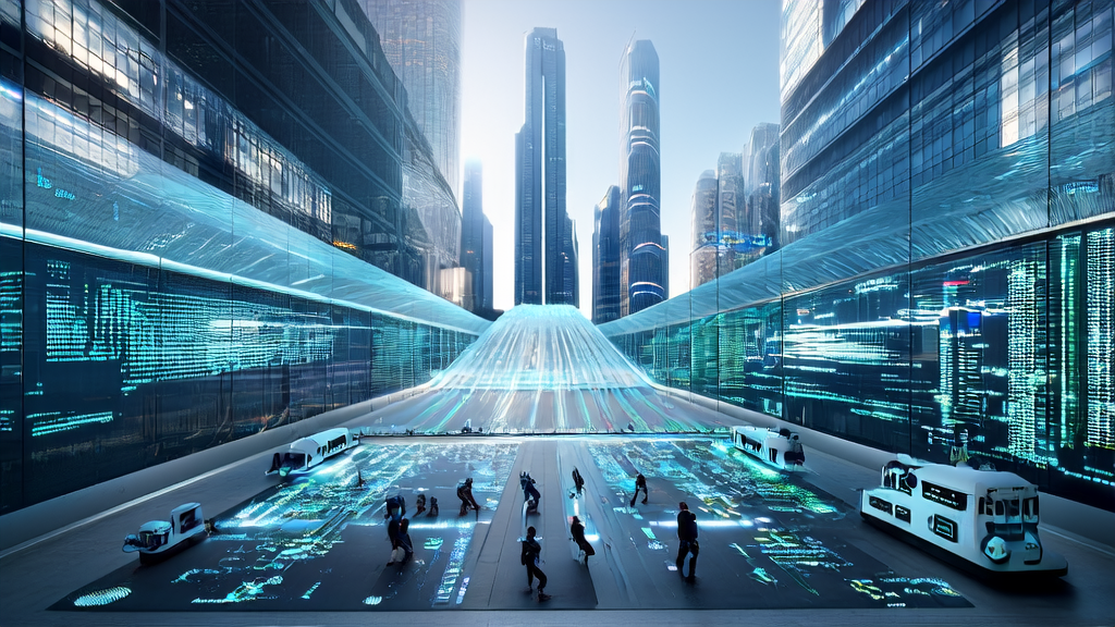E-commerce control center in a futuristic city showcasing the operation of an AI acquisition system, with sunlight illuminating the entire scene through glass walls