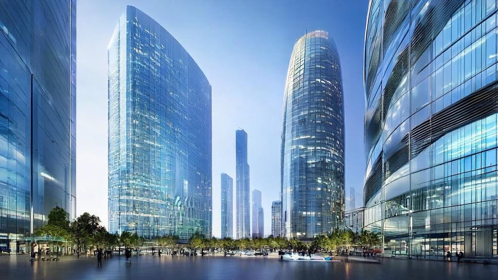 A modern B2B company in a futuristic city using AI technology for efficient customer acquisition and market analysis