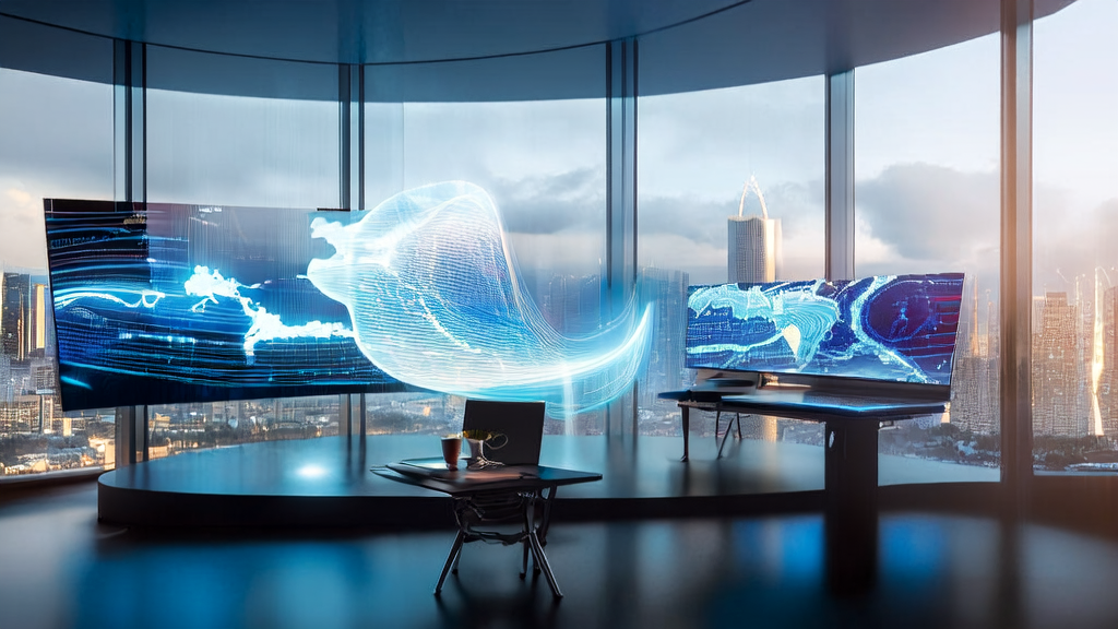 一位营销专家在现代化办公室中使用AI技术分析全球市场数据，展示AI在海外市场营销中的应用。