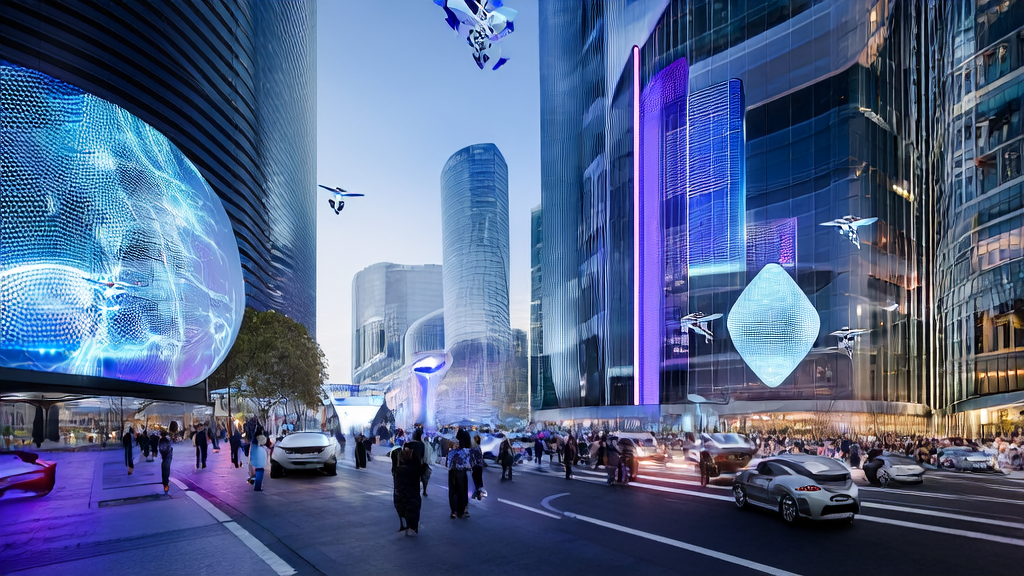 A futuristic city scene where people use AI technology for efficient customer acquisition