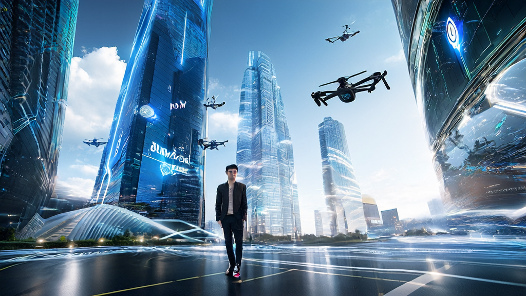 未来城市的创业者正在探索AI驱动的跨境电商营销策略，背景为高楼大厦和无人驾驶车辆。