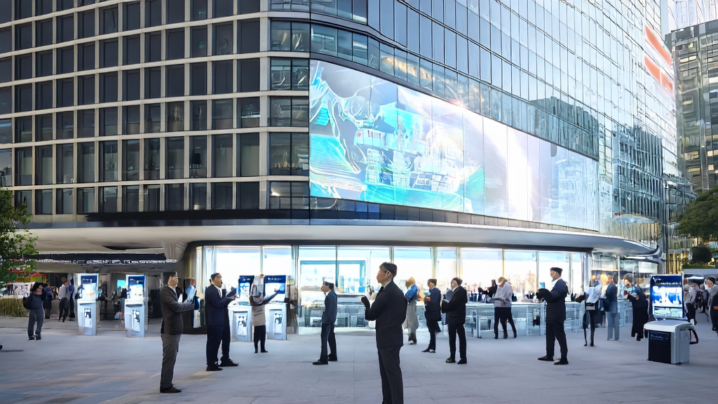 Modern office building in a bustling city center showcasing AI marketing technology and the multimodal framework HuMo, symbolizing the application of innovation and technology
