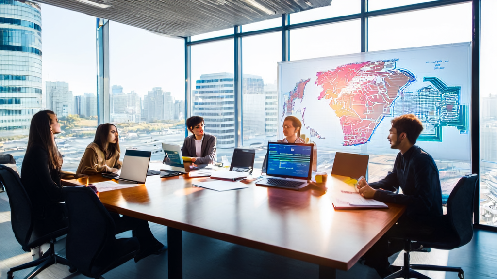 A group of young entrepreneurs discussing AI marketing and cross-border e-commerce acquisition strategies in a modern office