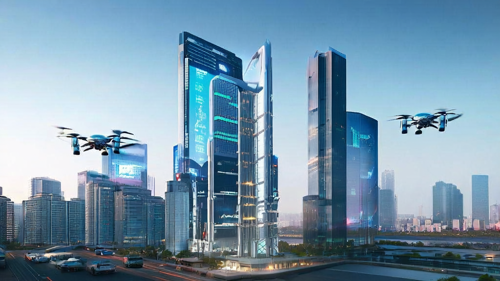 探索外贸AI软件与Quora客户采集的结合之道：未来城市的外贸公司大楼前，大屏幕展示Quora客户反馈，无人机在空中繁忙运作。
