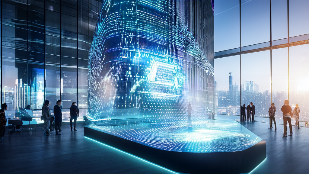 Tech company in a futuristic city showcasing AI-optimized email marketing technology