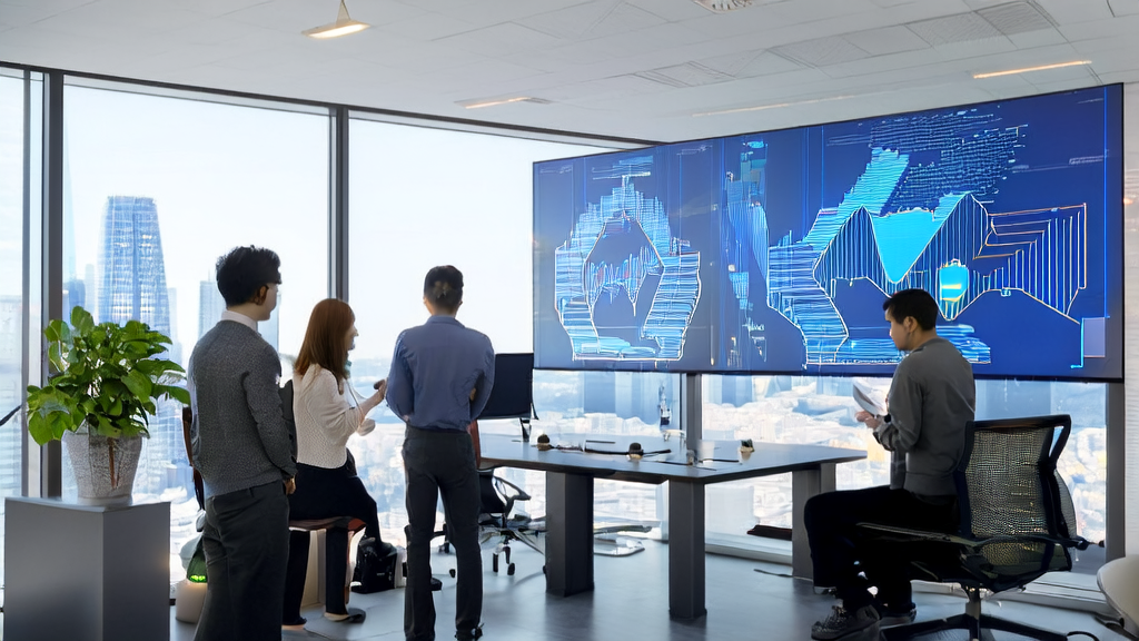 In the office of an export company, the team is using AI technology for precise customer acquisition analysis, with a bustling cityscape in the background.