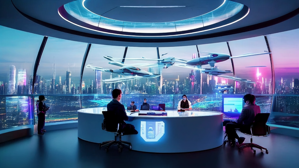 In a high-tech office of a future city, marketing experts are discussing new customer acquisition strategies driven by AI technology.