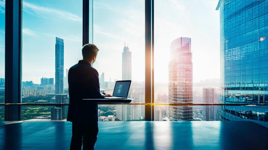 Entrepreneur using SmolVLM for local AI customer acquisition in a futuristic cityscape