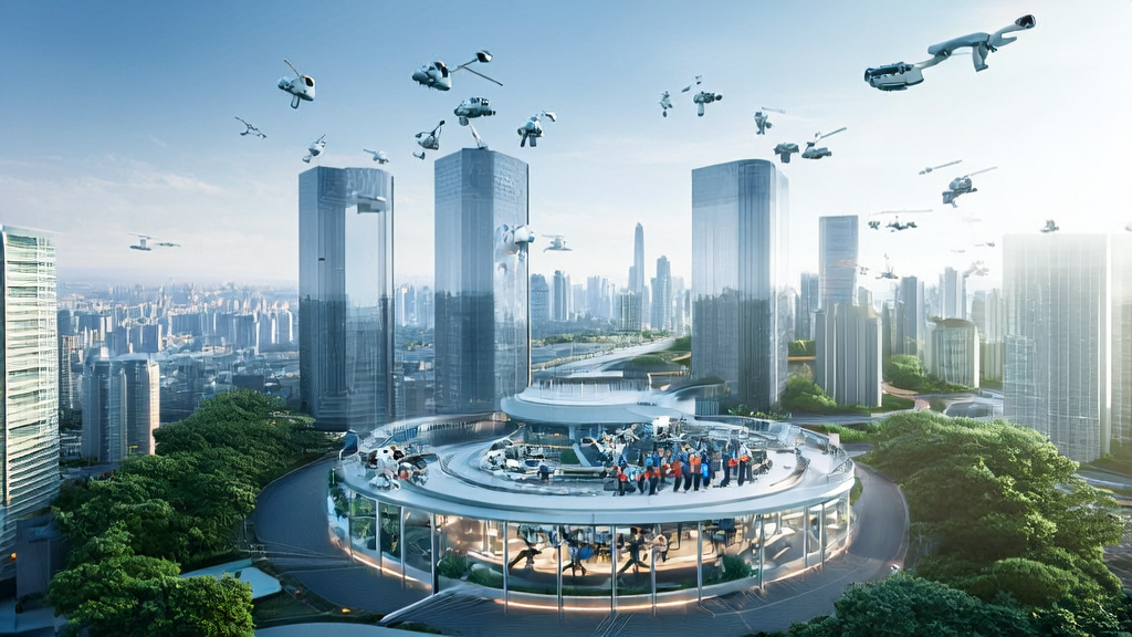 Future city with Zhiyuan Research Institute showcasing RoboOS2.0 technology and discussing new AI acquisition channels