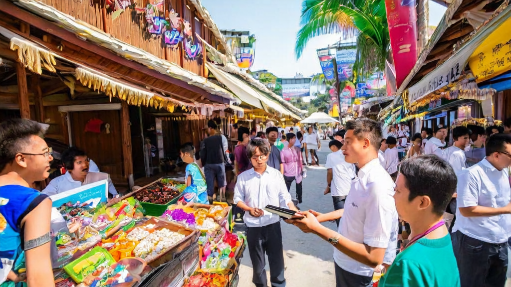 东南亚市场的年轻创业者展示AI获客方案，结合传统与现代元素的街头场景