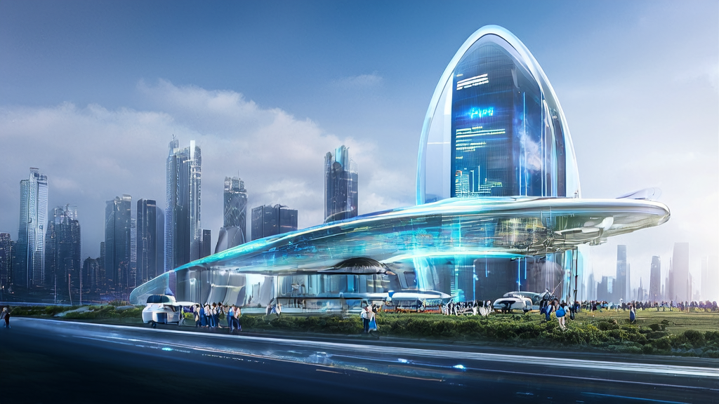 Silicon Mobility headquarters in a futuristic city, showcasing the latest AI acquisition technologies