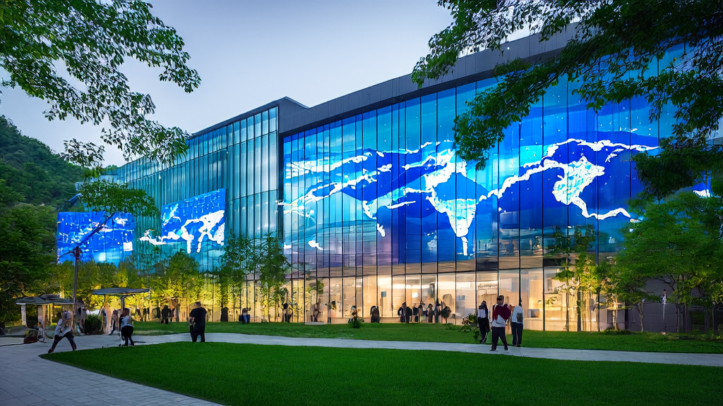 现代化办公楼内的技术人员正在利用AI客户预测模型分析数据，窗外阳光明媚，城市中的一位消费者对AI推荐广告感到担忧。