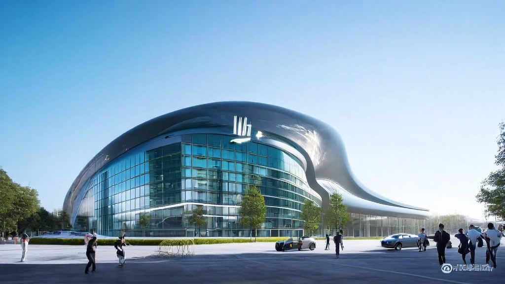 A modern office park showcasing Yushu Technology's latest AI acquisition solutions and humanoid robots following their Series C funding