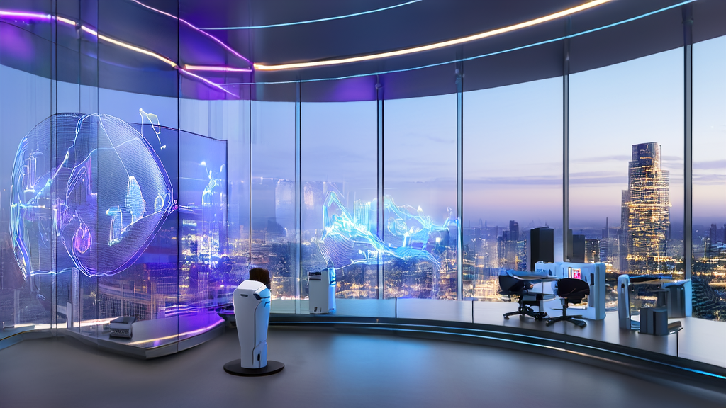 A futuristic modern office where intelligent robots work alongside employees, with screens displaying AI algorithms and data analysis charts, set against a backdrop of a bustling city skyline.