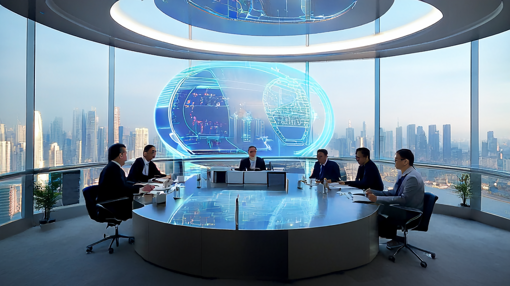 Executives of export enterprises discussing new AI precision acquisition strategies in a modern office, with the city skyline and Step3 model architecture diagram in the background.