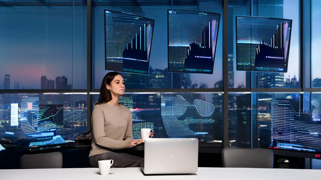 Financial analyst using AI tool for data analysis with city skyline outside the window