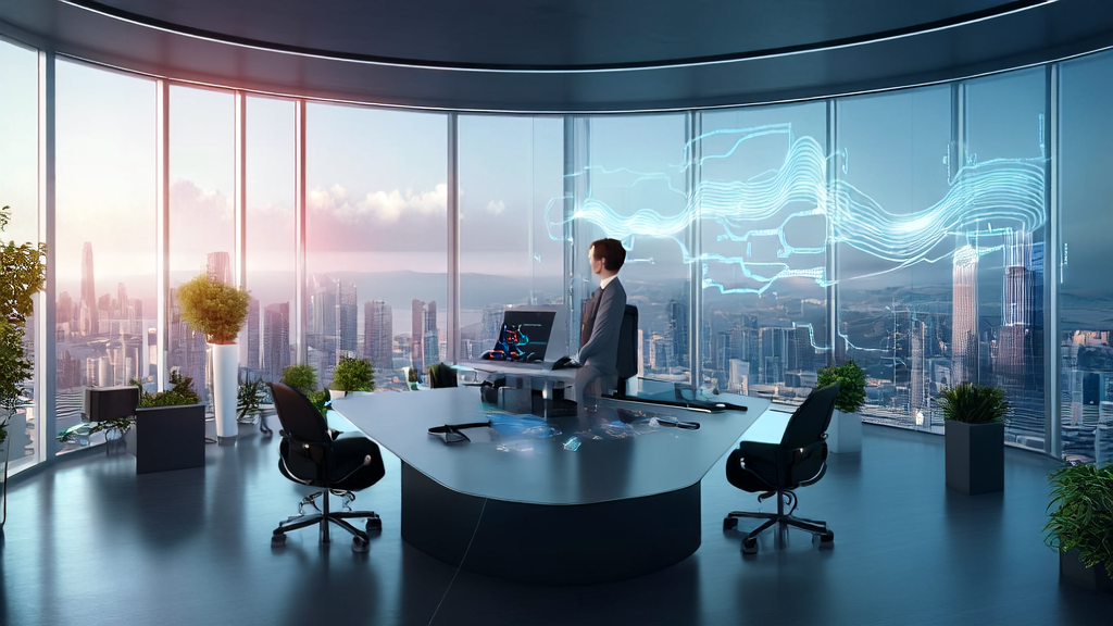 A futuristic 2025 office of a cross-border e-commerce company showcasing AI technology applications and the impact of California's AI legislation