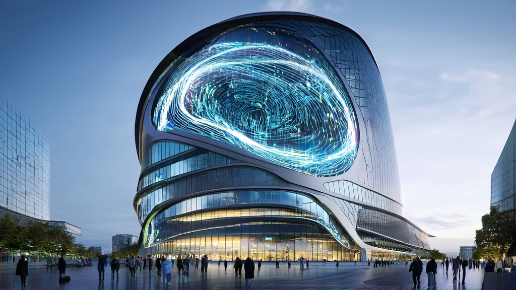 In front of a high-tech office building in a futuristic city, merchants from around the world conduct cross-border transactions using virtual reality devices, with a bustling urban landscape in the background.