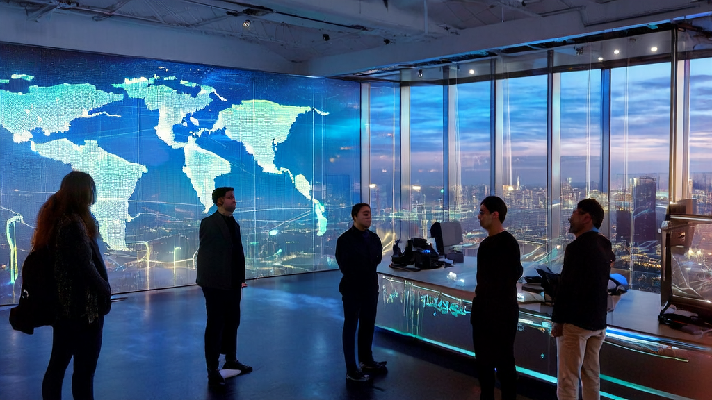 未来科技办公室中,团队围绕透明屏幕讨论AI获客模型和跨境电商数据流,背景墙上的全球地图展示了全球市场关键节点。