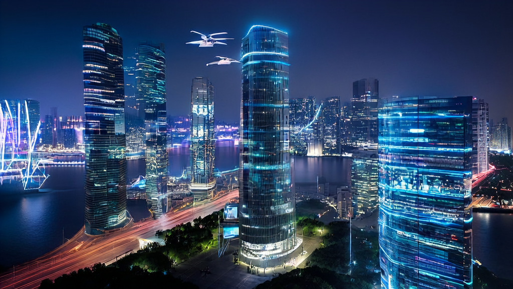 A futuristic 2025 office of a cross-border e-commerce company using AI technology to achieve dual breakthroughs in traffic and conversion rates