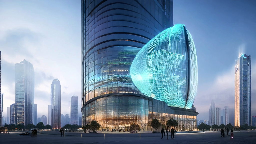 Inside a modern office building in a futuristic city, employees are utilizing AI technology for precise cross-border e-commerce customer acquisition