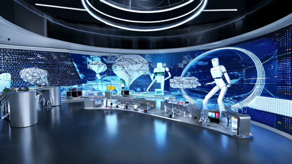 未来2025年AI驱动的跨境电商高效获客解决方案，展示AI机器人处理信息和小米具身大模型MiMo-Embodied的应用场景。