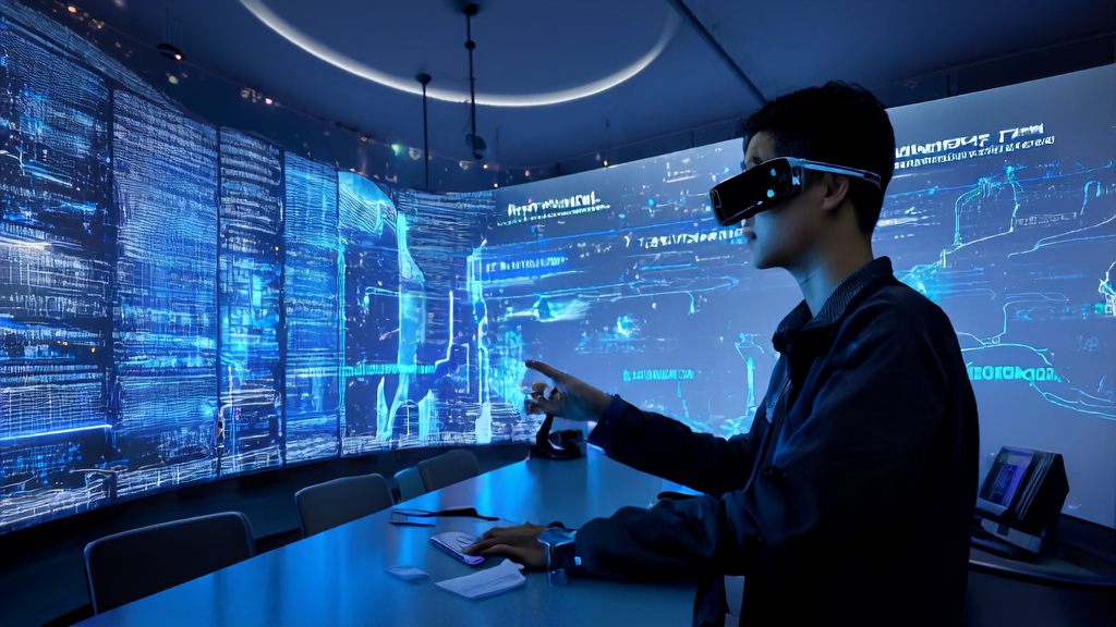 A futuristic cross-border e-commerce office where a young entrepreneur uses AI technology and smart assistants for efficient customer acquisition