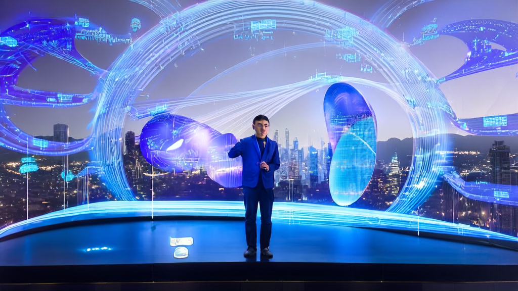 Scene of AI-powered client acquisition in future cross-border e-commerce: A young entrepreneur using AI shopping guide applications to optimize global market strategies