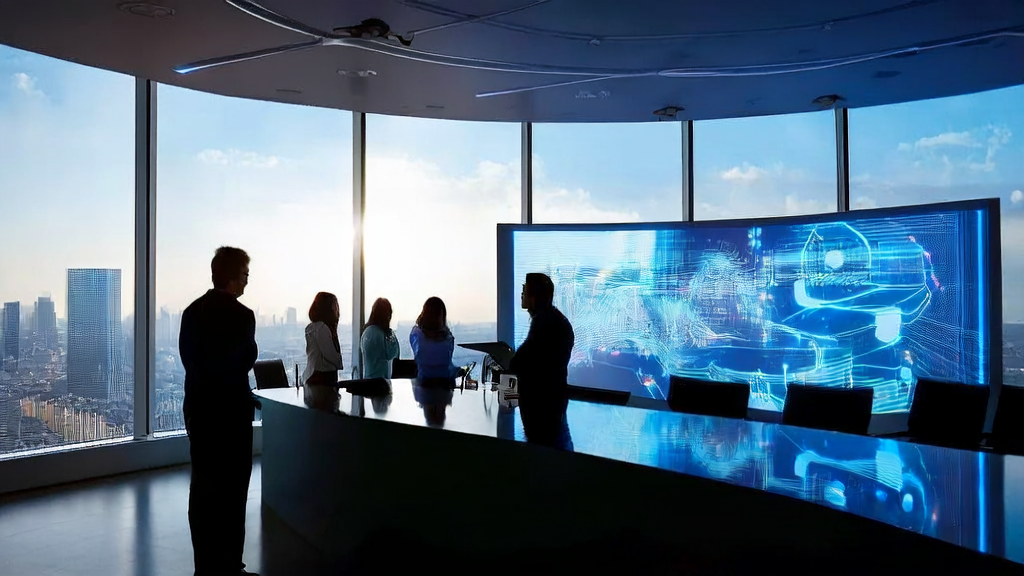 Data scientists in a modern office building discussing the application of AI client prediction models