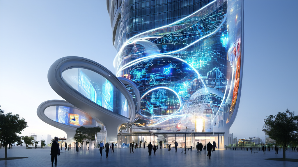 未来科技城市中的跨境电商公司总部大楼，展示AI技术在多语言营销和客户预测中的应用