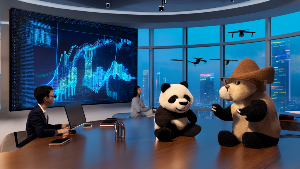 A futuristic office where a cross-border e-commerce team discusses AI-driven customer acquisition strategies, with a city night view outside and a wool felt panda mascot with a wide-brimmed hat on the table.