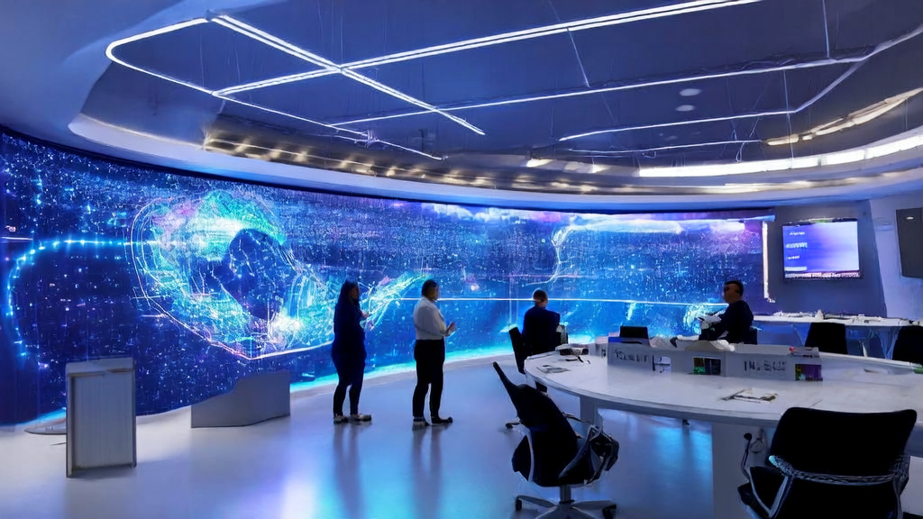 未来科技办公室中，数据科学家和设计师使用AI工具进行多语言营销内容生成和智能广告投放，展示2025年跨境电商利用AI技术突破增长瓶颈的场景。