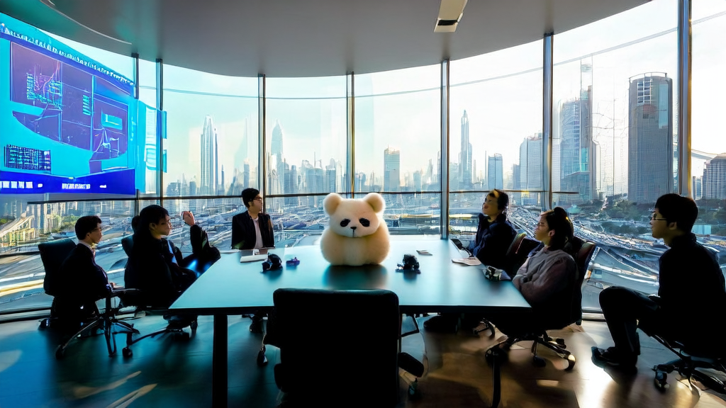 未来城市的现代化办公楼内，营销专家们正在热烈讨论AI邮件营销的A/B测试结果，旁边有一个戴着大檐帽的羊毛毡大熊猫。